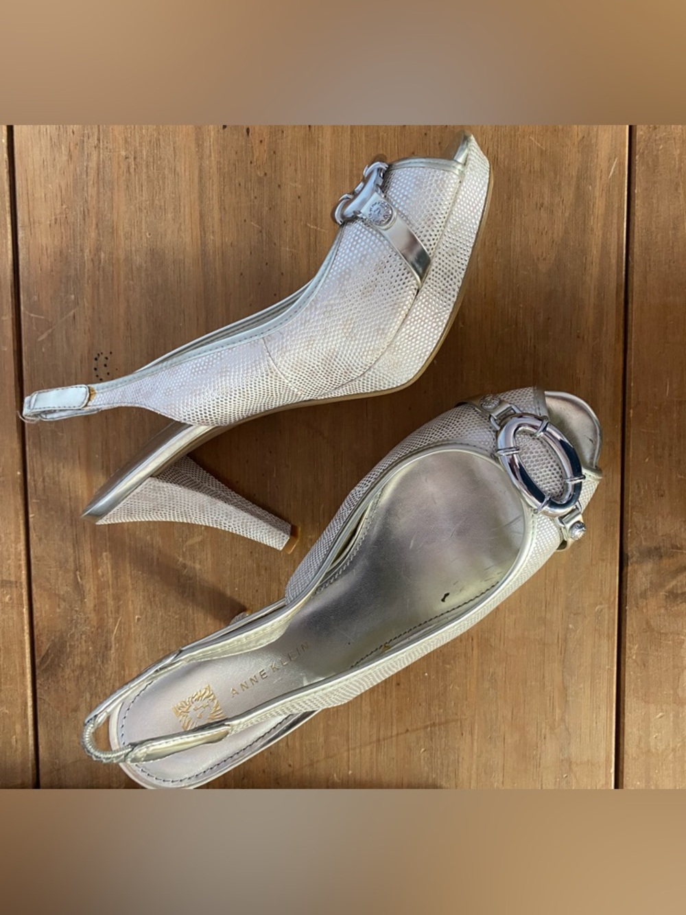 Anne Klein Metallic Silver Slingback Peep-Toe Heels